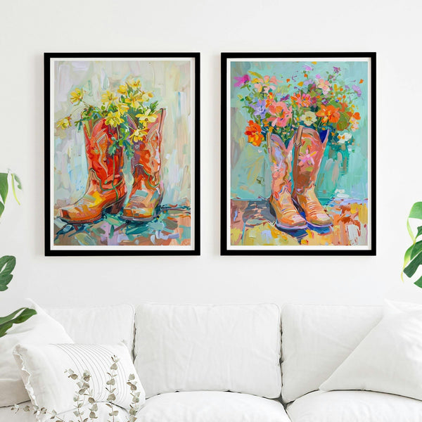 Set of 2 Cowboy Boots with Flowers Western Cowgirl