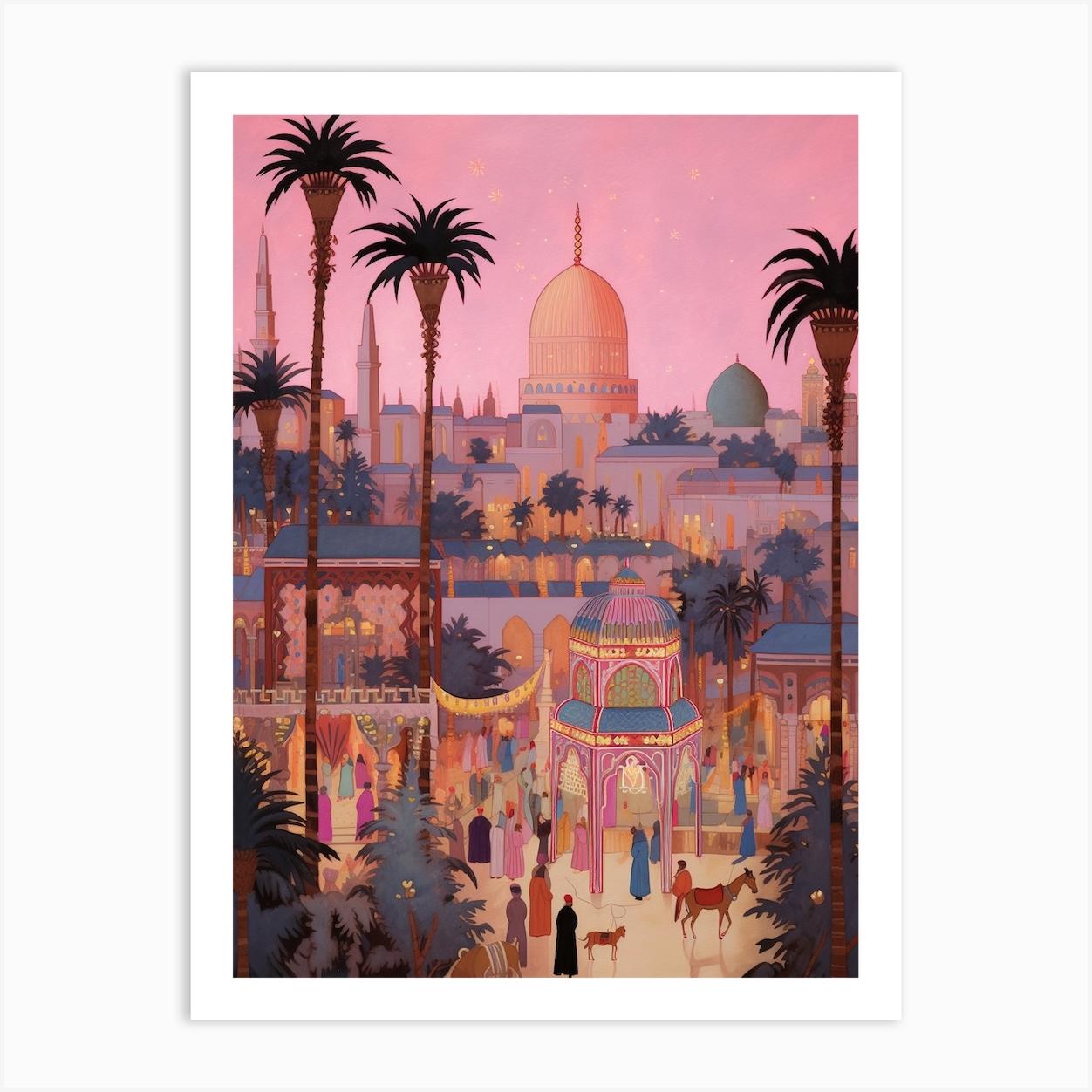 Luxor Egypt Vintage Pink Travel Illustration