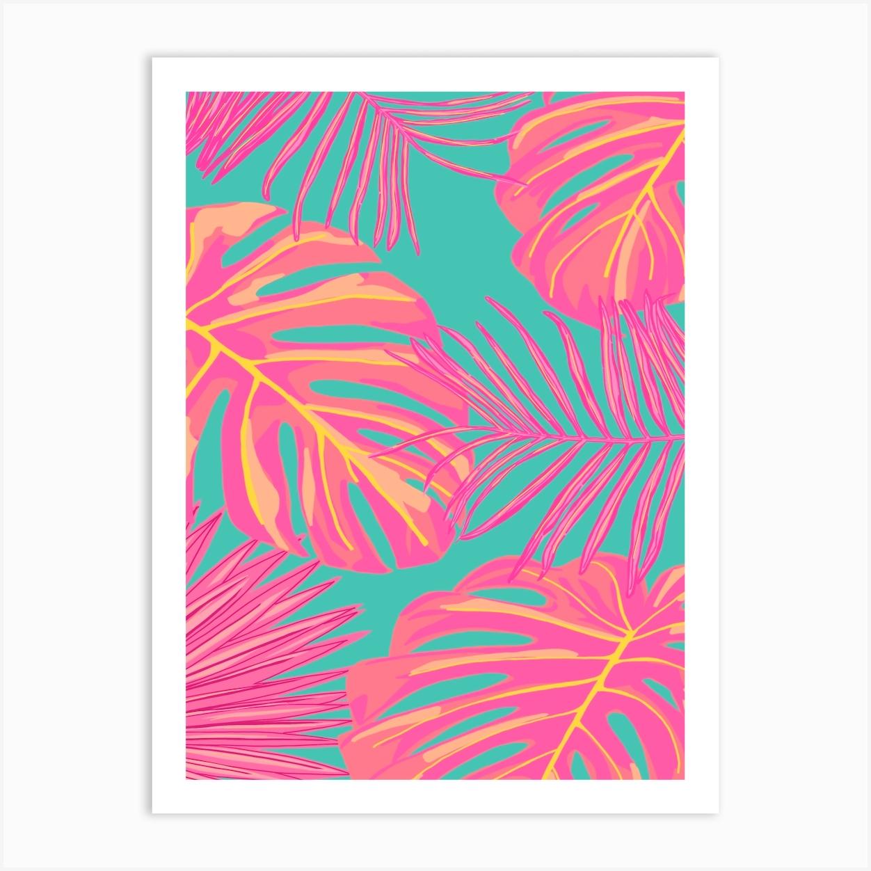 Tropical Monstera and Palm Leaves Pink on Turquoise