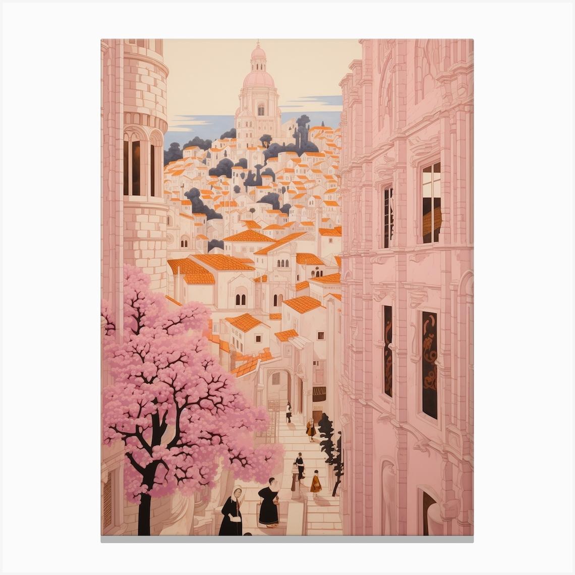 Dubrovnik Croatia 4 Vintage Pink Travel Illustration