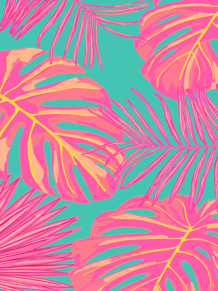 Tropical Monstera and Palm Leaves Pink on Turquoise