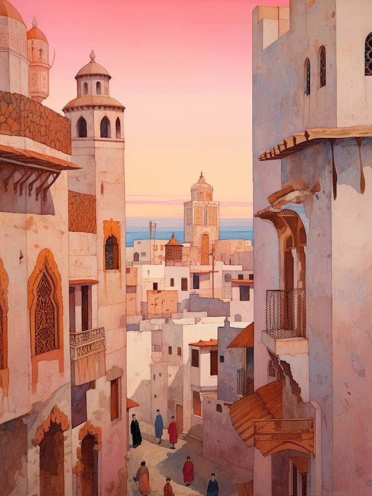 Tangier Morocco 4 Vintage Pink Travel Illustration