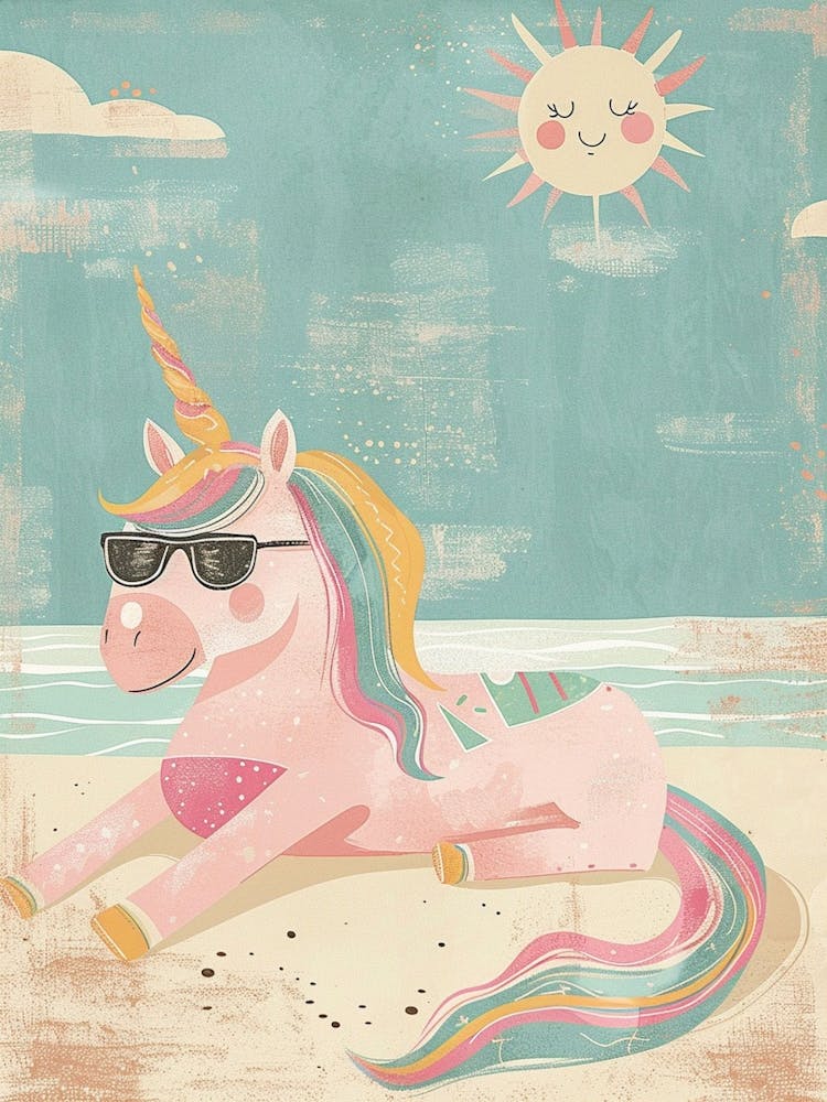 Unicorn Sunbathing On A Beach With The Sun Pastel Storybook Style