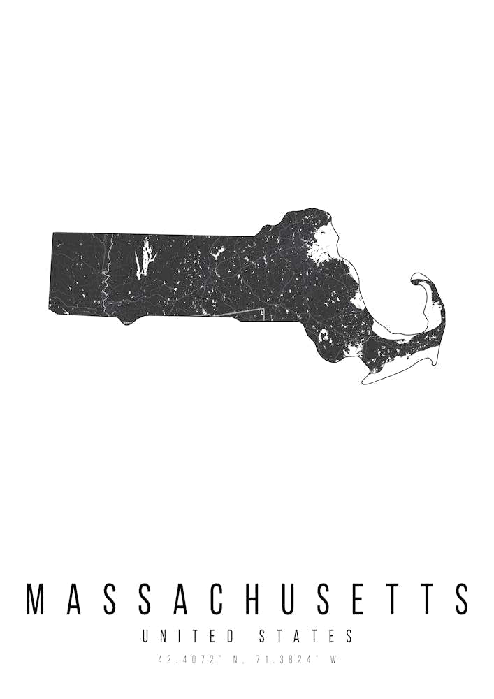 Massachusetts Mono Black And White Modern Minimal Street Map