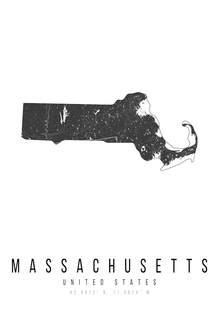 Massachusetts Mono Black And White Modern Minimal Street Map
