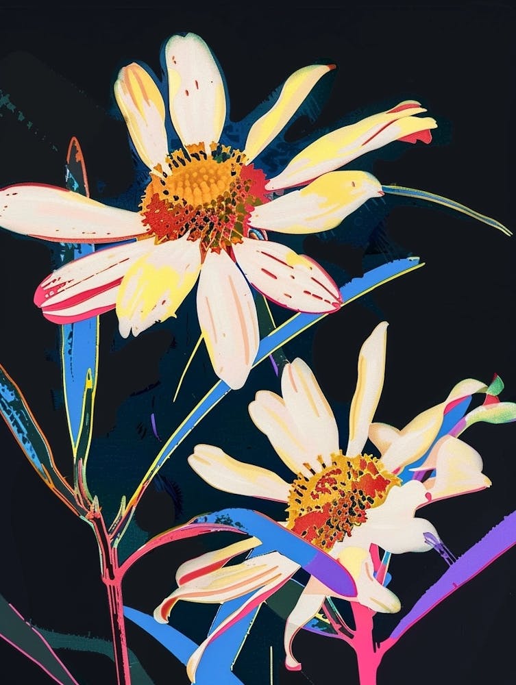 Neon Flowers On Black Oxeye Daisy 1