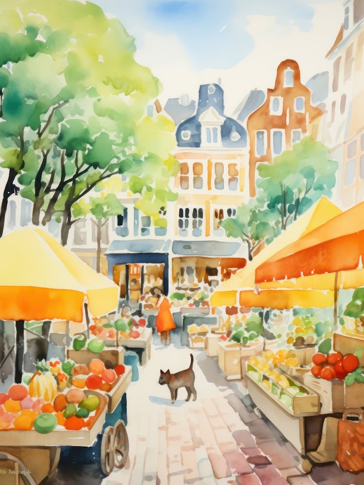 Food Market With Cats In Amsterdam 2 Watercolour
