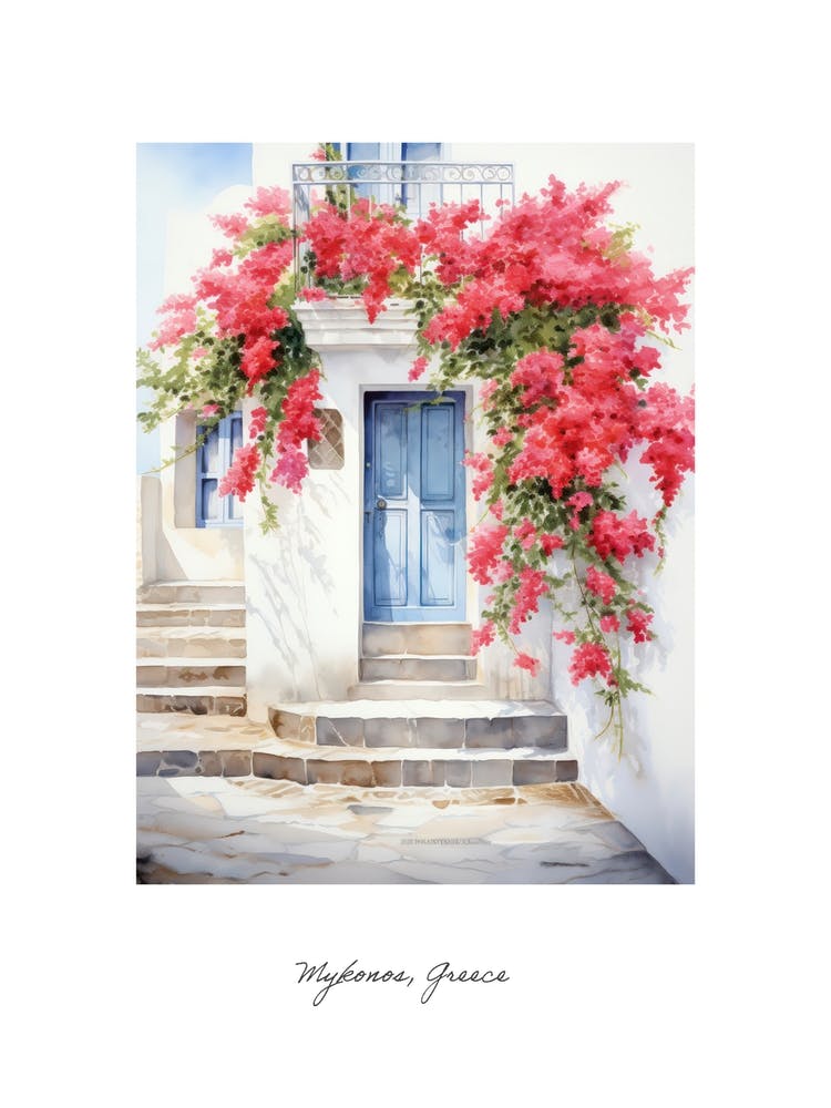 Mykonos, Greece   Mediterranean Doors Watercolour Painting 4 Poster