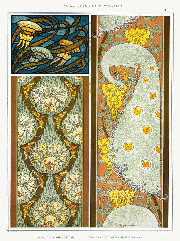 Jellyfish And Algae; Cicadas And Lilies; Peacocks And Laburnum From The Animal In The Decoration (1897), Maurice Pillard Verneuil