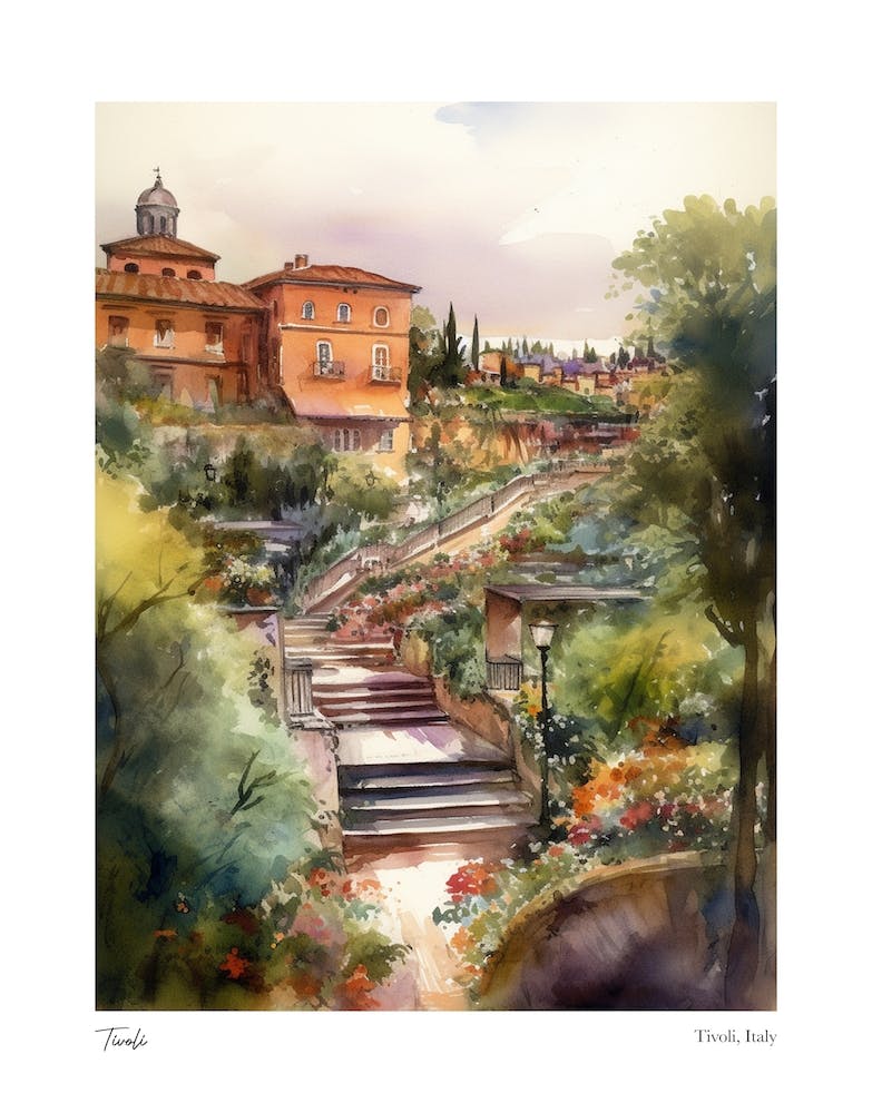 Tivoli, Italy 3 Watercolour Travel Poster