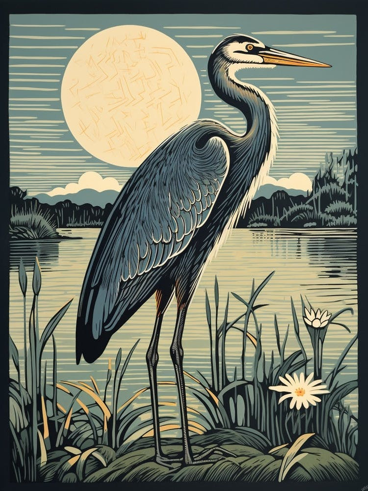 Vintage Bird Linocut Great Blue Heron 1