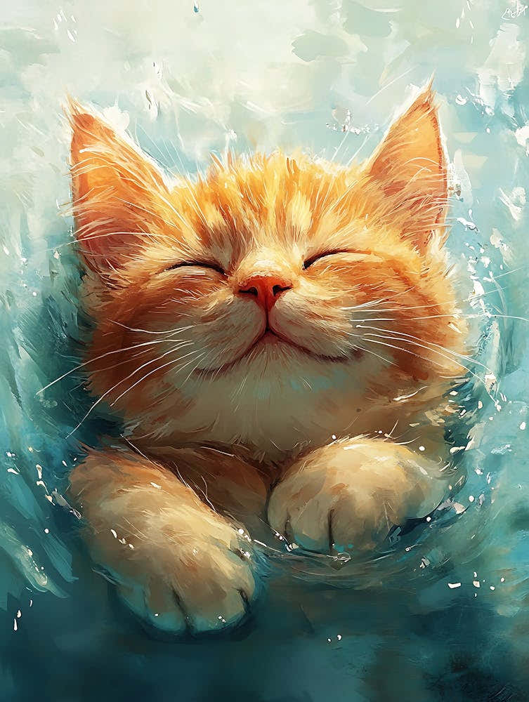 Happy Orange Cat Floating on Water