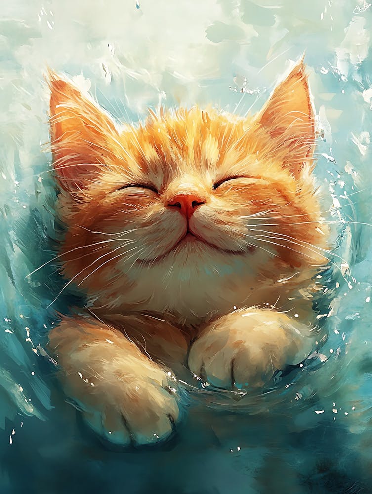 Happy Orange Cat Floating on Water