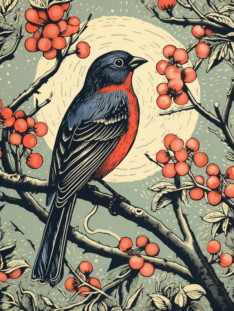 Vintage Bird Linocut Finch 3