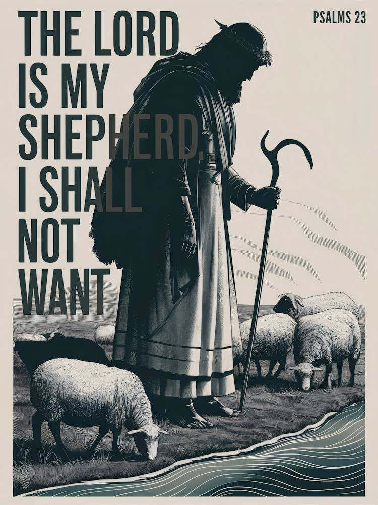Bible Verse, Psalms 23:1, The Lord is my Shepherd; I shall not want, Shepherd and sheep, Christian Art, Conceptual Art Painting 1