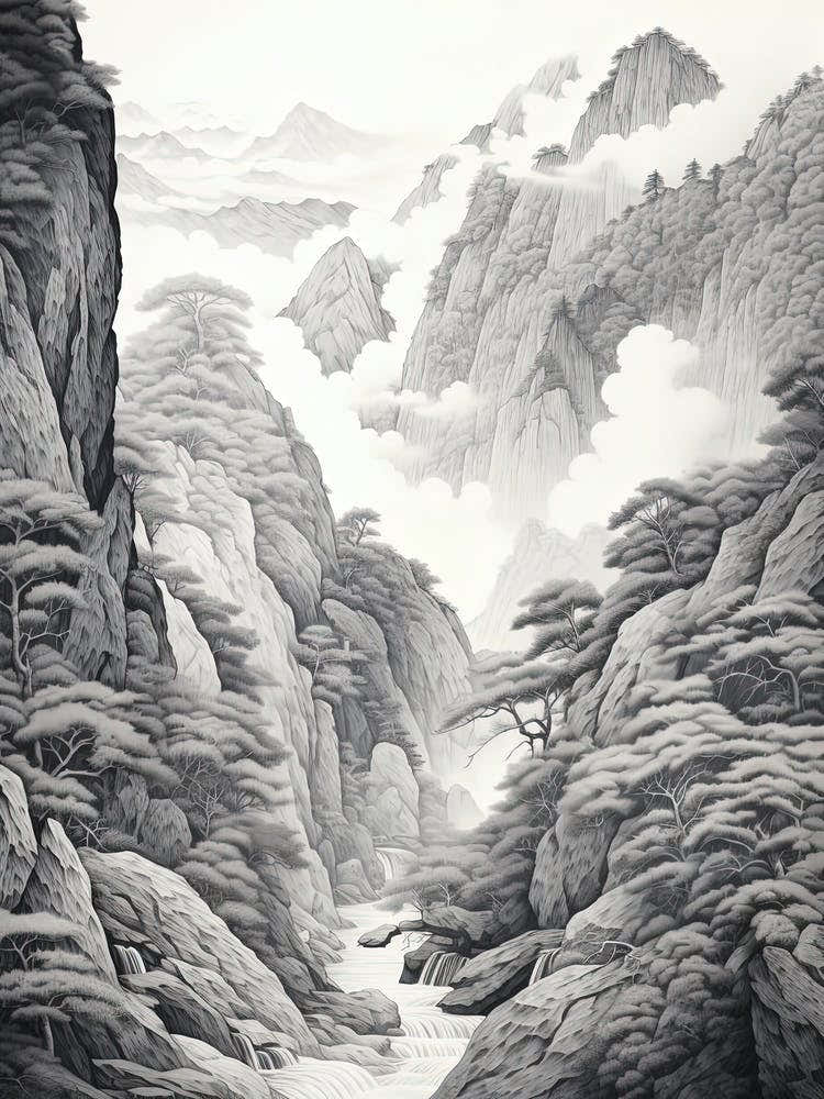 Shosenkyo Gorge In Yamanashi, Ukiyo E Black And White Line Art Drawing 3