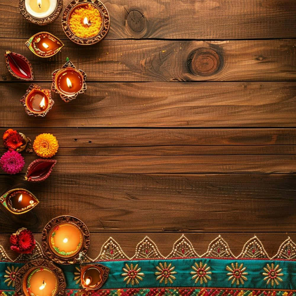 Diwali Themed Wooden Table From Above Showcasing 1