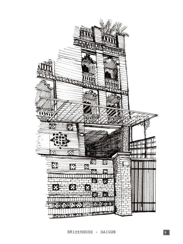 Brickhouse Saigon Vietnam Architecture Pen Ink Drawing