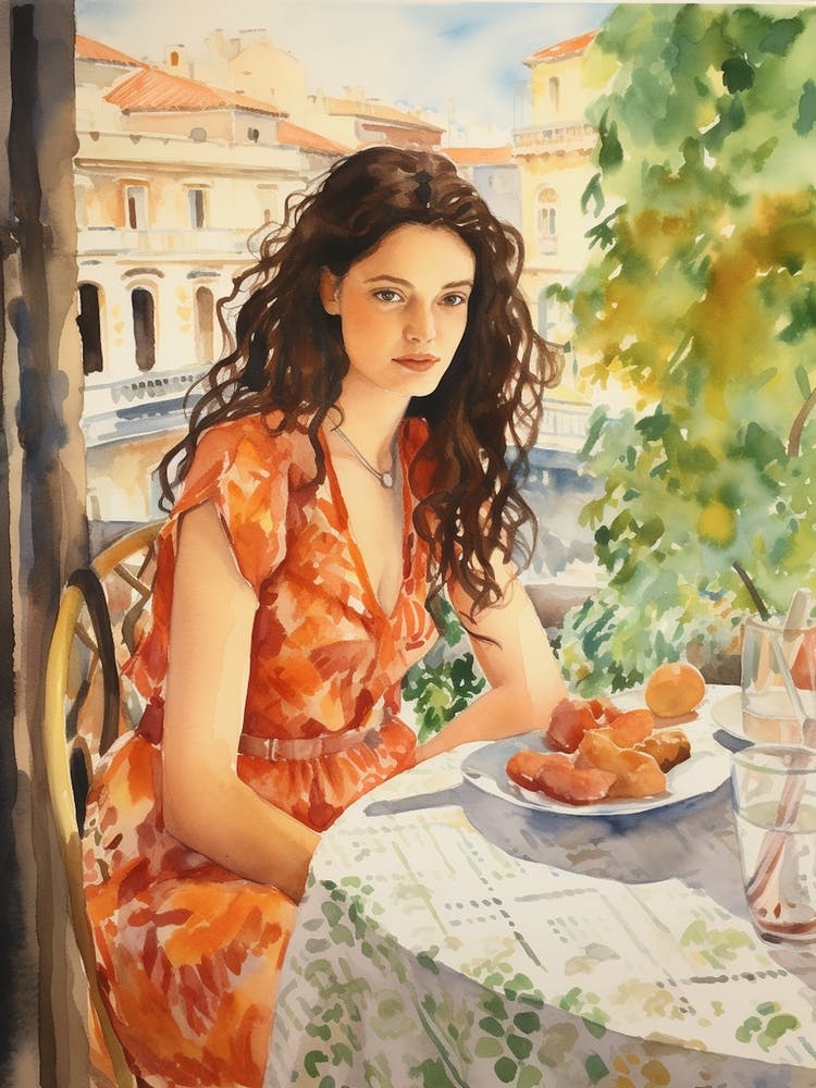 At A Cafe In Pula Croatia Watercolour