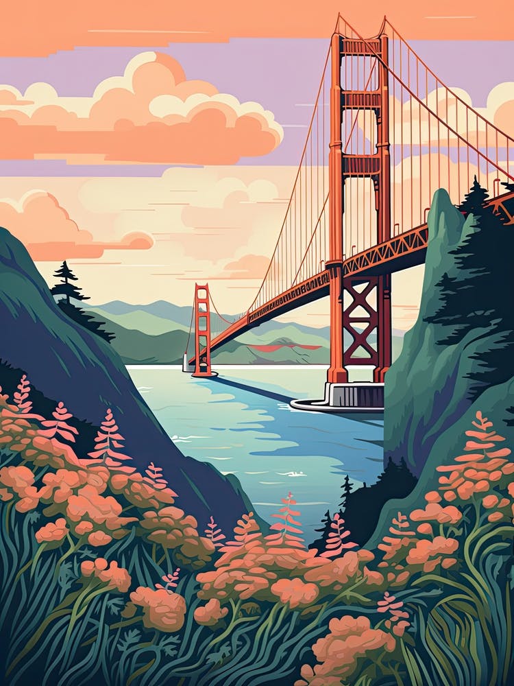 The Golden Gate Bridge   San Francisco, Usa   Cute Botanical Illustration Travel 0