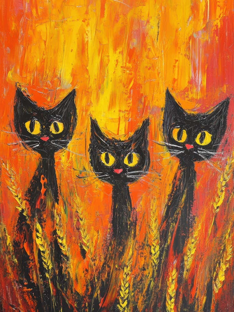Three Black Cats In The Wheat Field