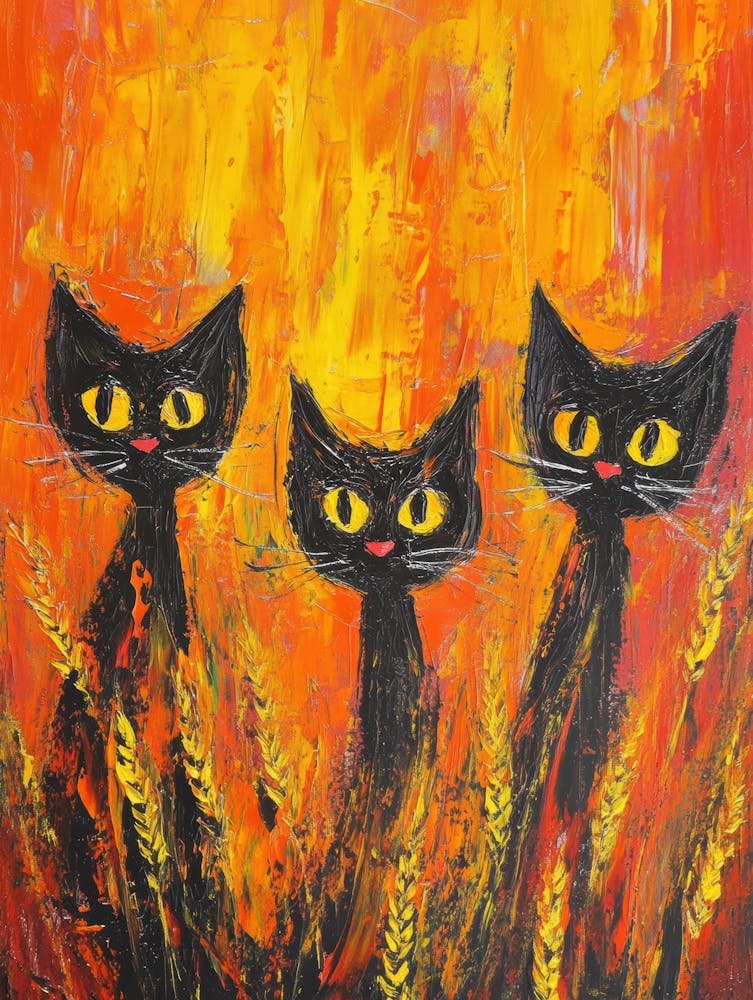Three Black Cats In The Wheat Field