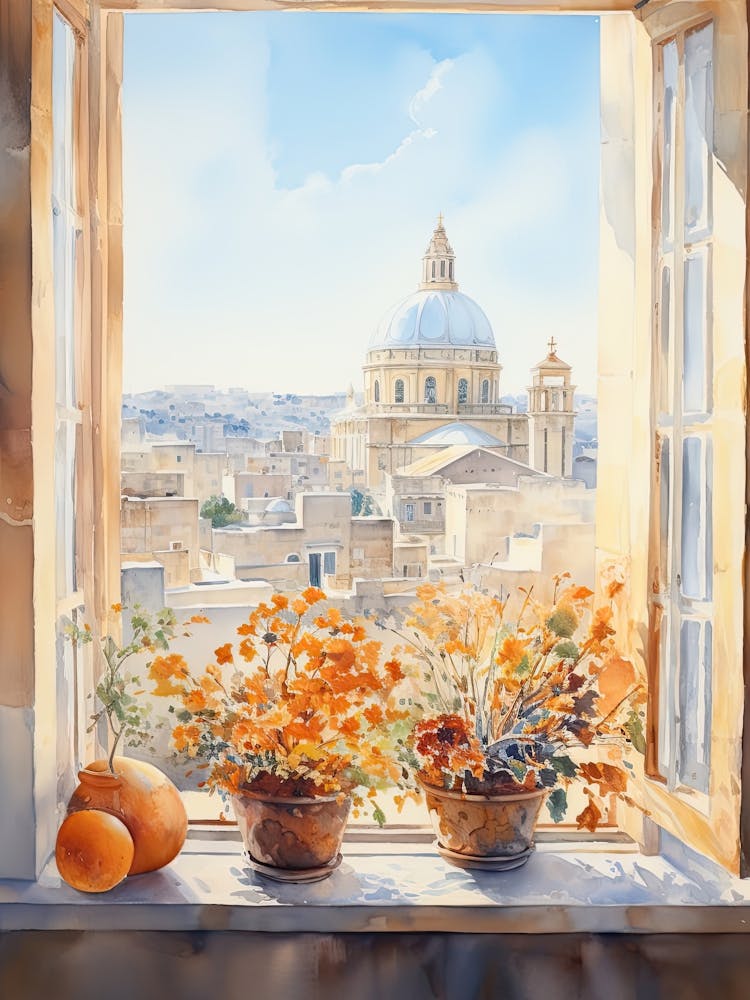 Window View Of Valletta Malta In Autumn Fall, Watercolour 2