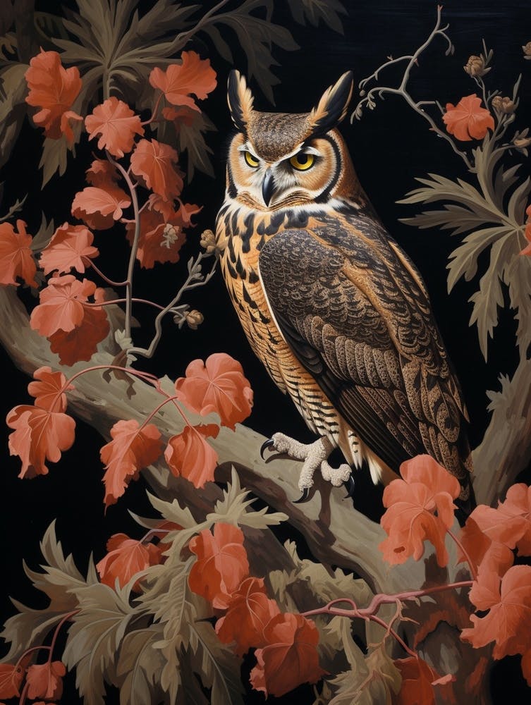 Dark And Moody Botanical Great Horned Owl 4