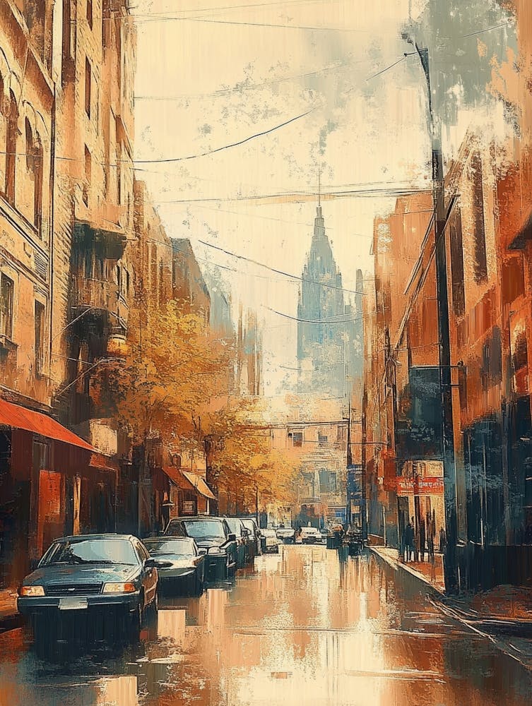 Painting Of City Street View In Vintage Retro Style
