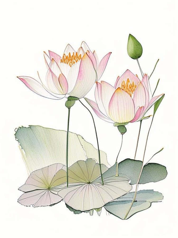 Lotus Flowers In Garden Pencil Illustration 2