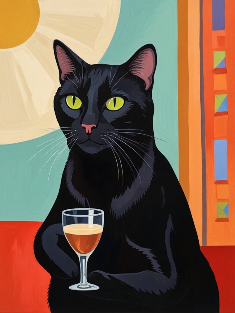 Black Cat With A Glass Of Wine