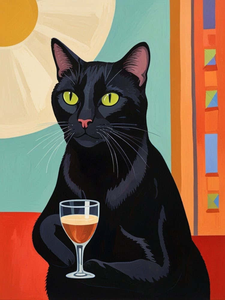 Black Cat With A Glass Of Wine