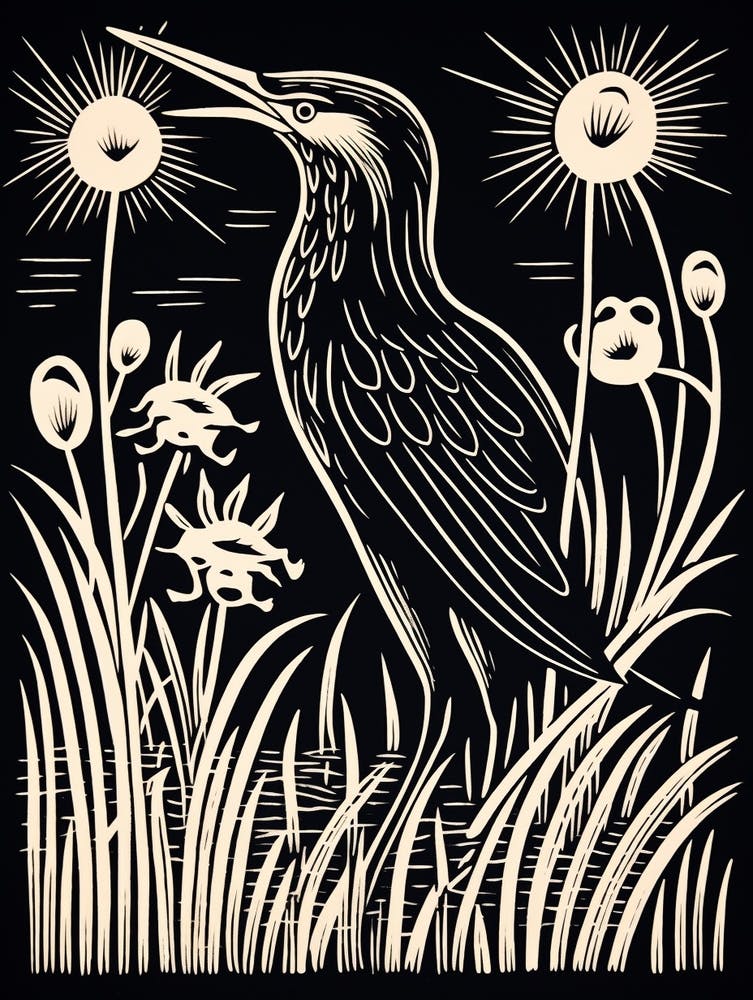 B&W Bird Linocut Green Heron 1