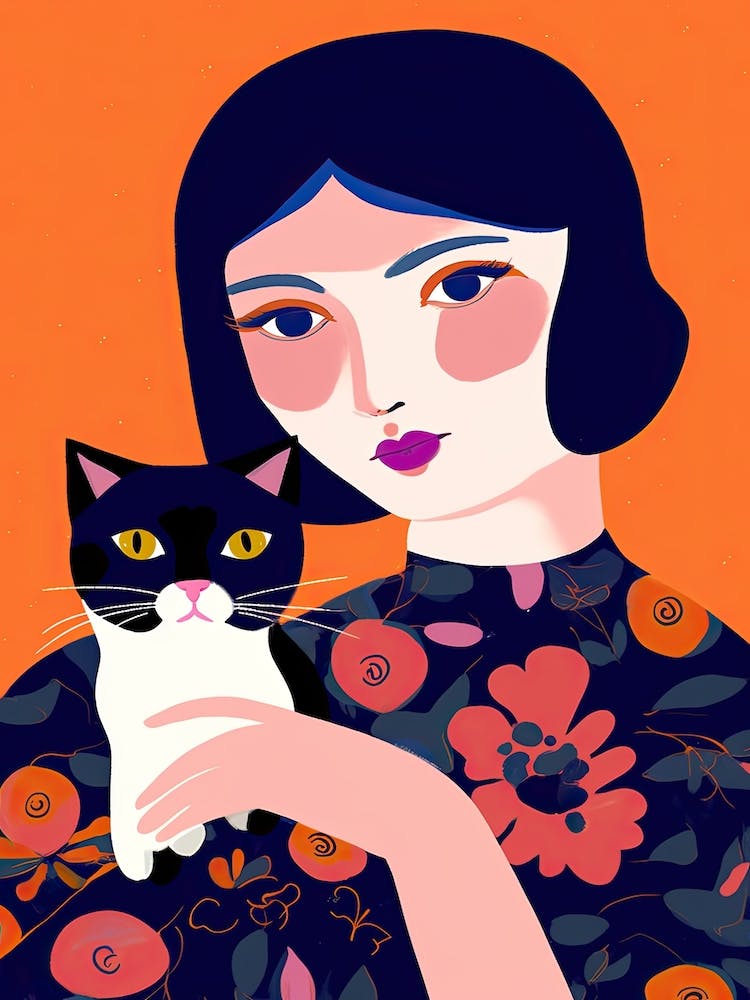 Cat Lady Blue Hair Illustration