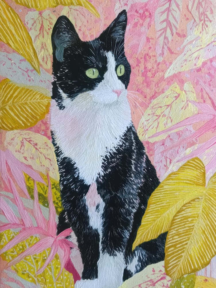 Cat In Pink Leaves