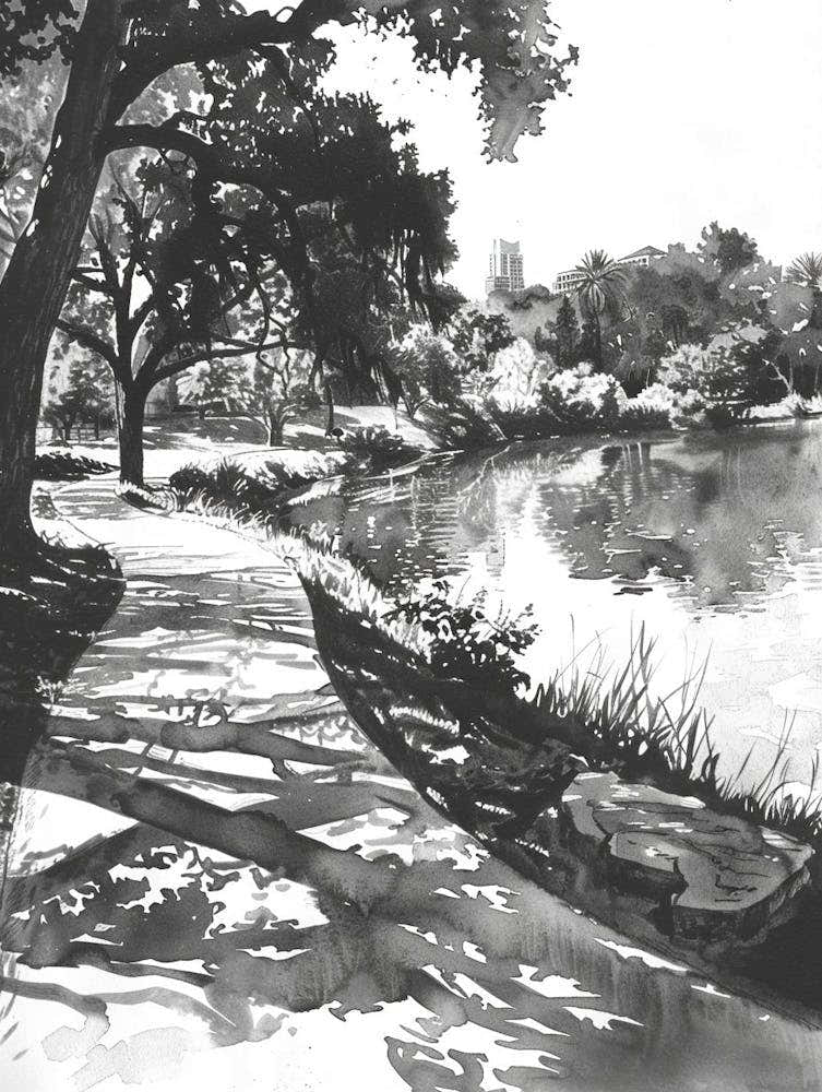 Zilker Metropolitan Park Austin Texas Black And White Watercolour 3