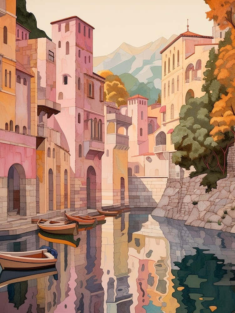 Kotor Montenegro 2 Vintage Pink Travel Illustration