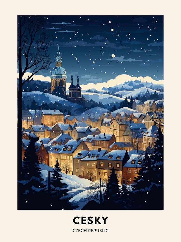 Winter Night  Travel Poster Cesky Krumloy Czechia