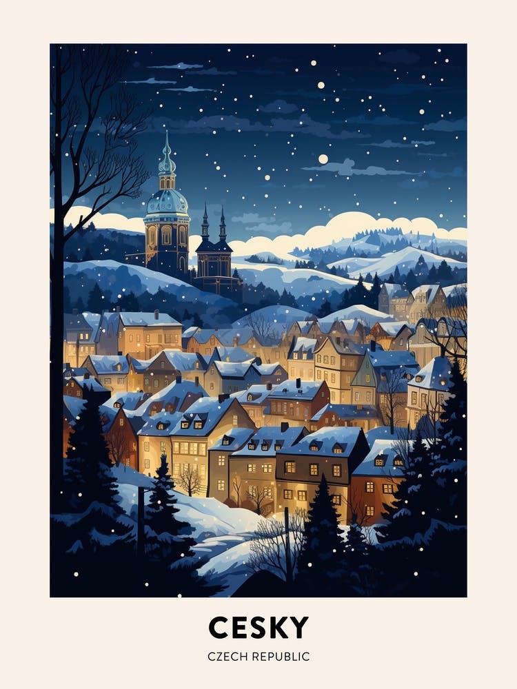 Winter Night  Travel Poster Cesky Krumloy Czechia