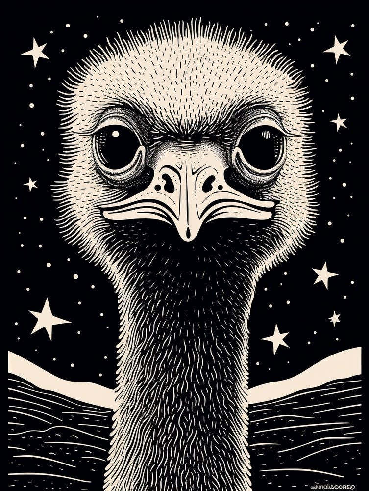 B&W Bird Linocut Ostrich 3
