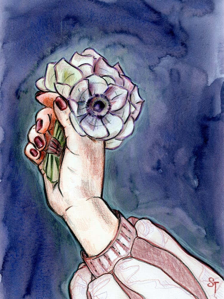 Watercolor Floral Blue painting Bouquet of Anemones in Girl Hand
