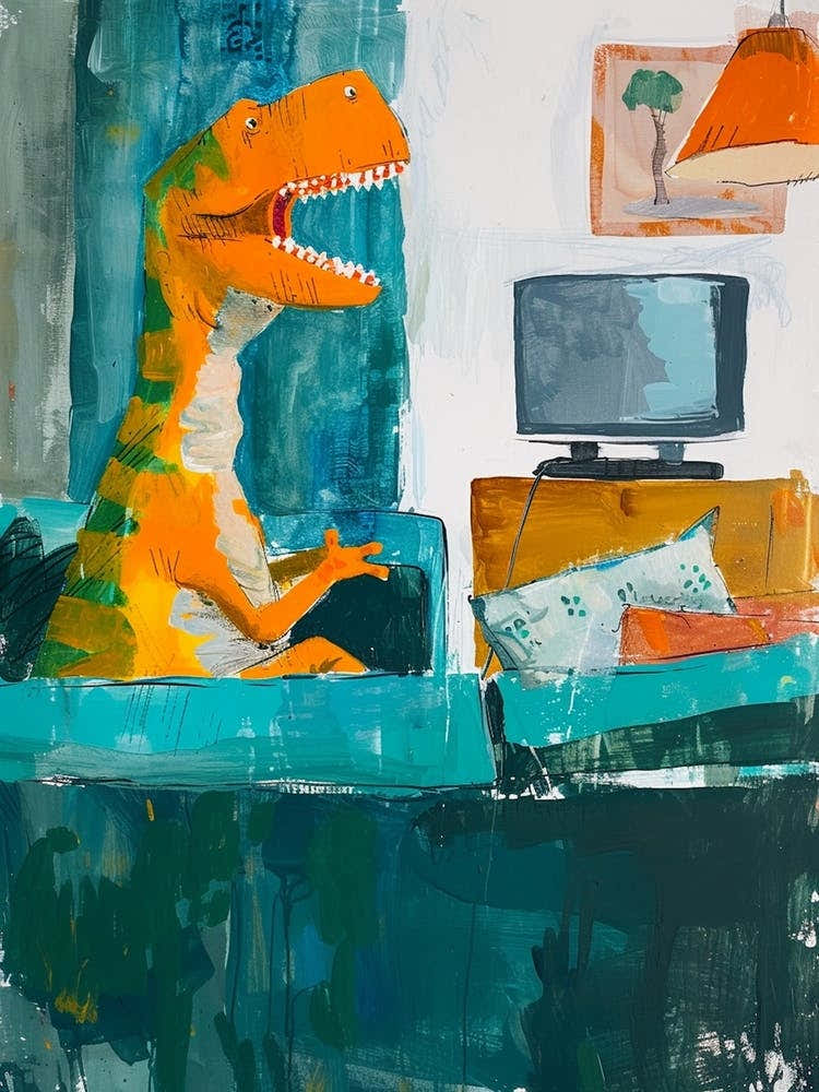 Dinosaur Watching Tv Blue Green Orange 4