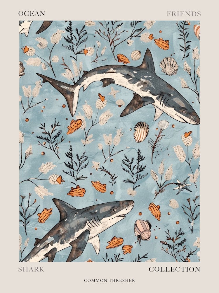 Pastel Blue Common Thresher Watercolour Seascape Pattern 3 Poster