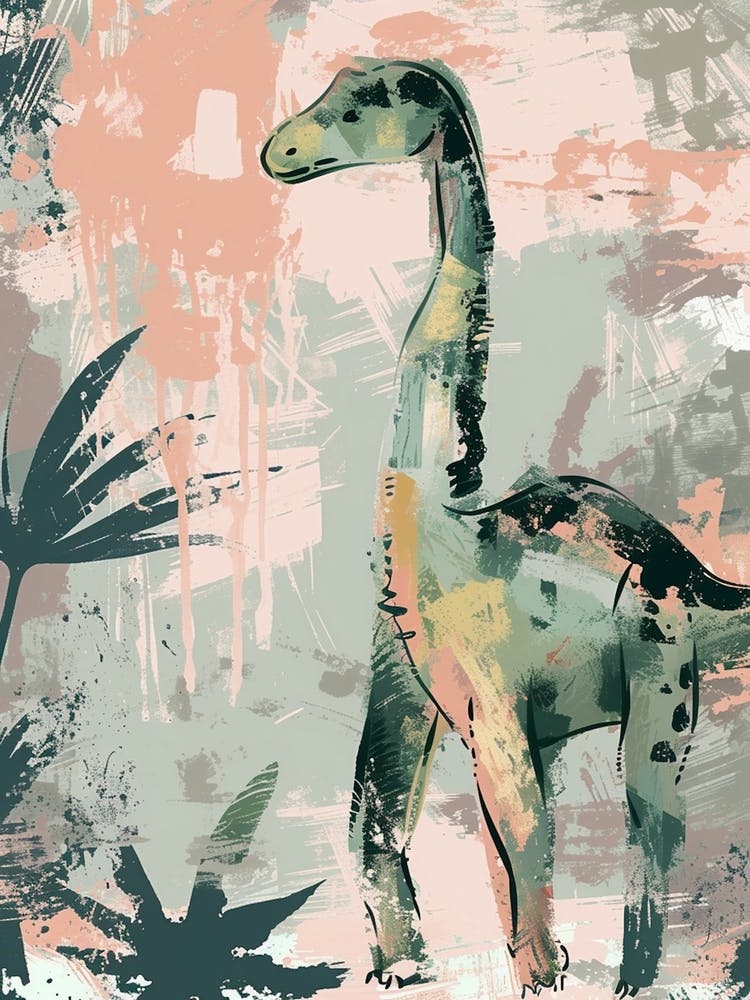 Dinosaur & Leaves Pastel Painting