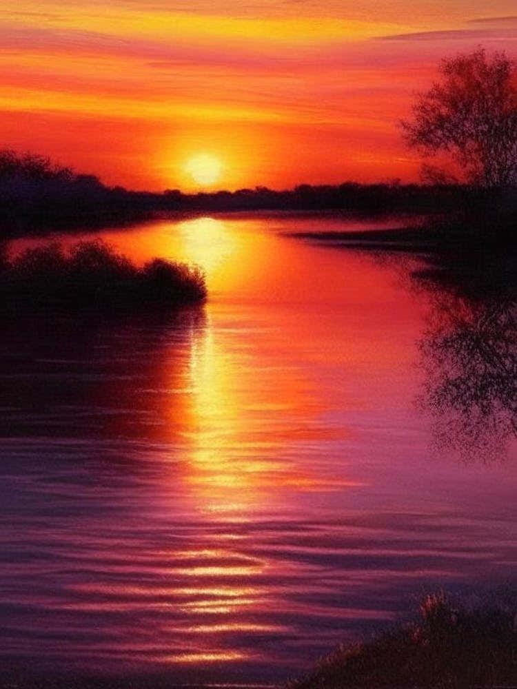 Sunset Over River Waterscape Crayon 1