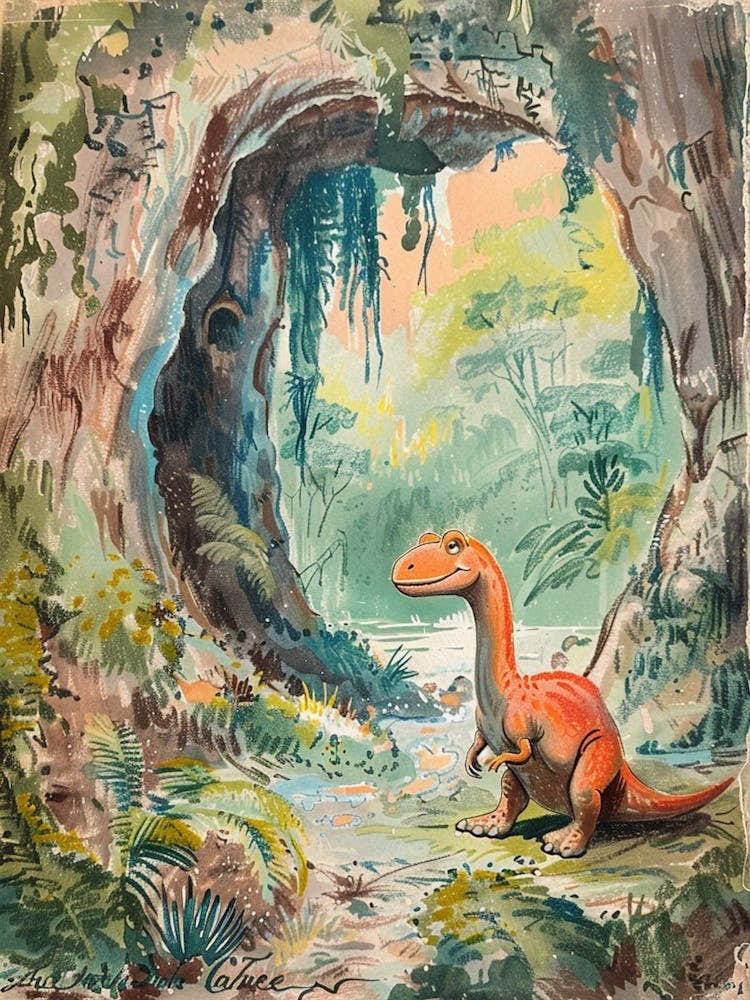 Dinosaur In A Cave Storybook Illustration 2