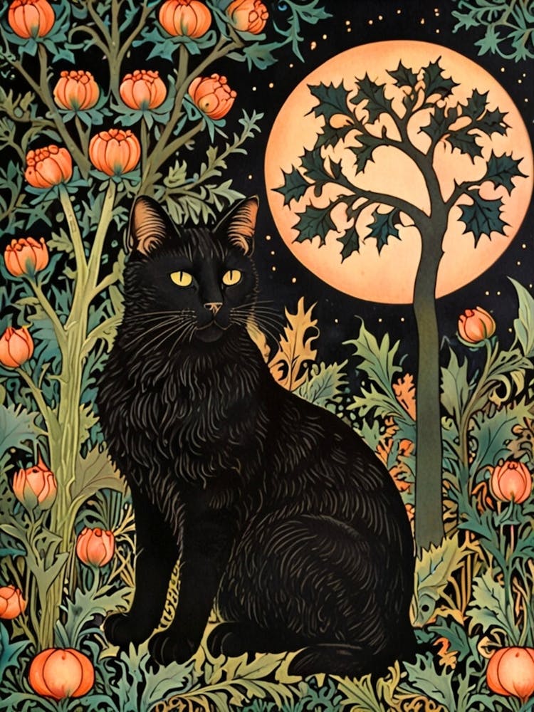 William Morris Black Cat With Pumpkins 1