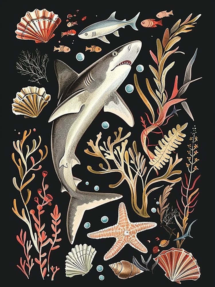 Blacktip Reef Shark Seascape Black Background Illustration 2