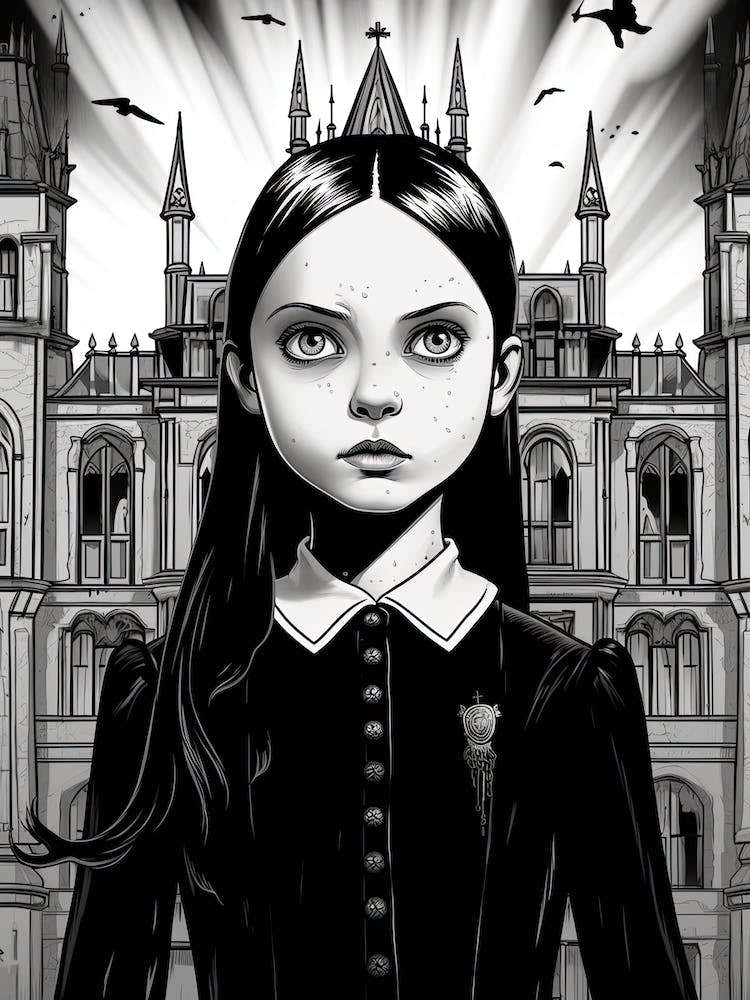 Nevermore Academy With Wednesday Addams Line Art 06 Fan Art