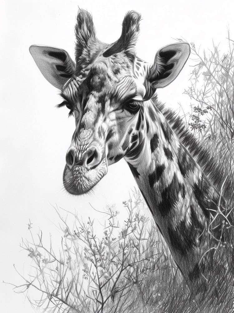 Giraffe With Head In The Branches Pencil Drawing 3
